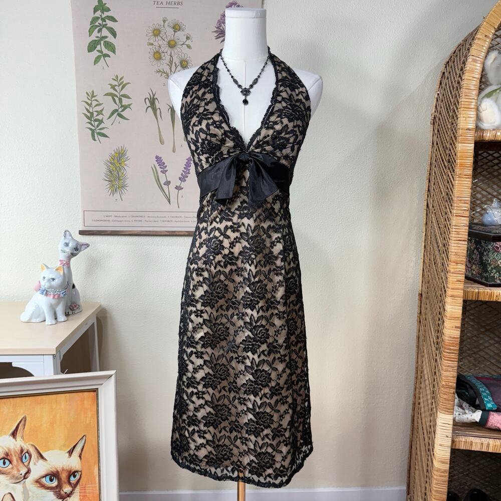 Vtg 90s Y2k Black Lace Halter Dress Romantic Sexy Dark Fairy Coquette Femme M 8